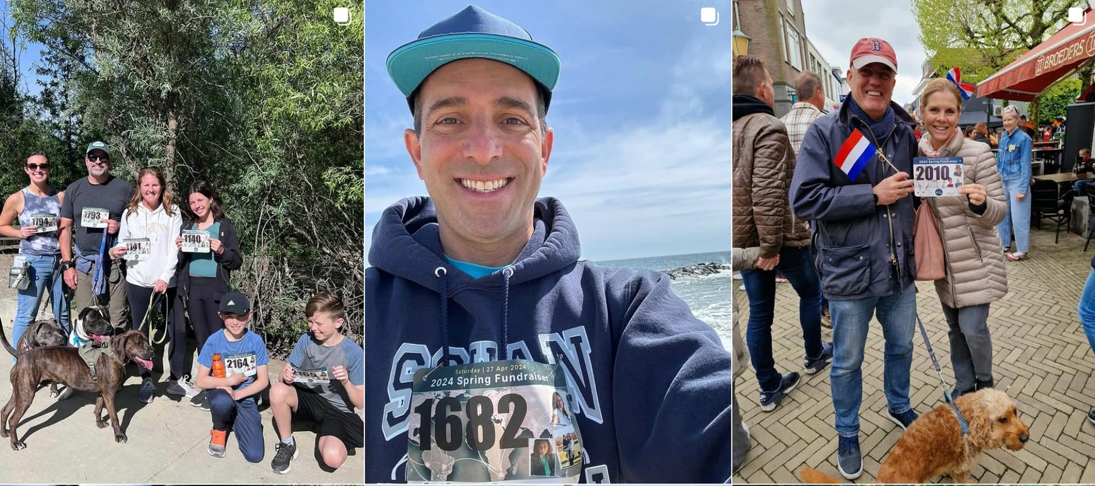 Spring Fundraiser participants around the world — families with their dogs, a runner by the sea, and a couple on a Dutch street, all wearing RP Hope race bibs.